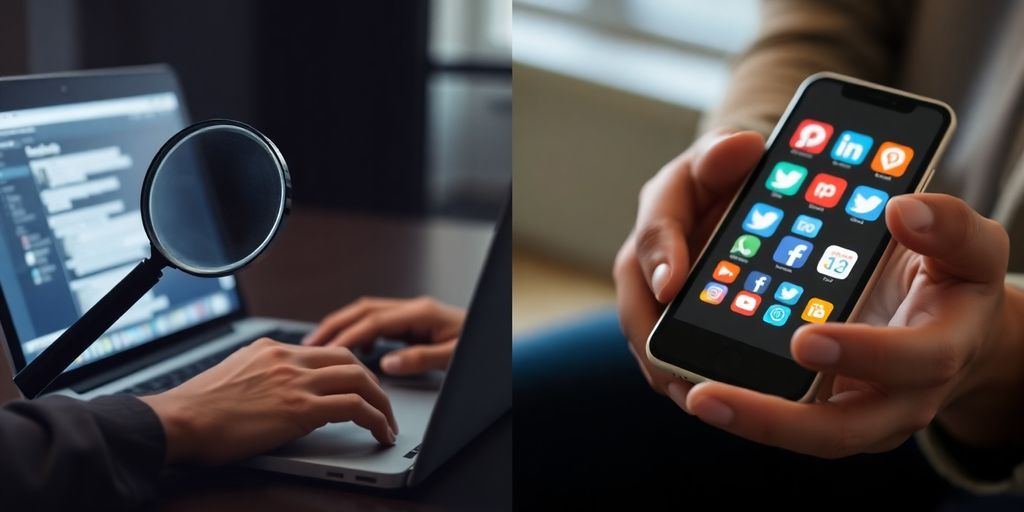 Magnifying glass over search bar, phone with social media apps.