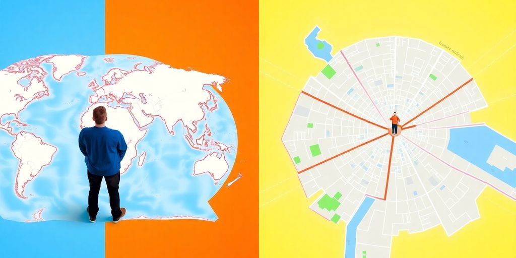 Two people standing on maps, one global, one local.