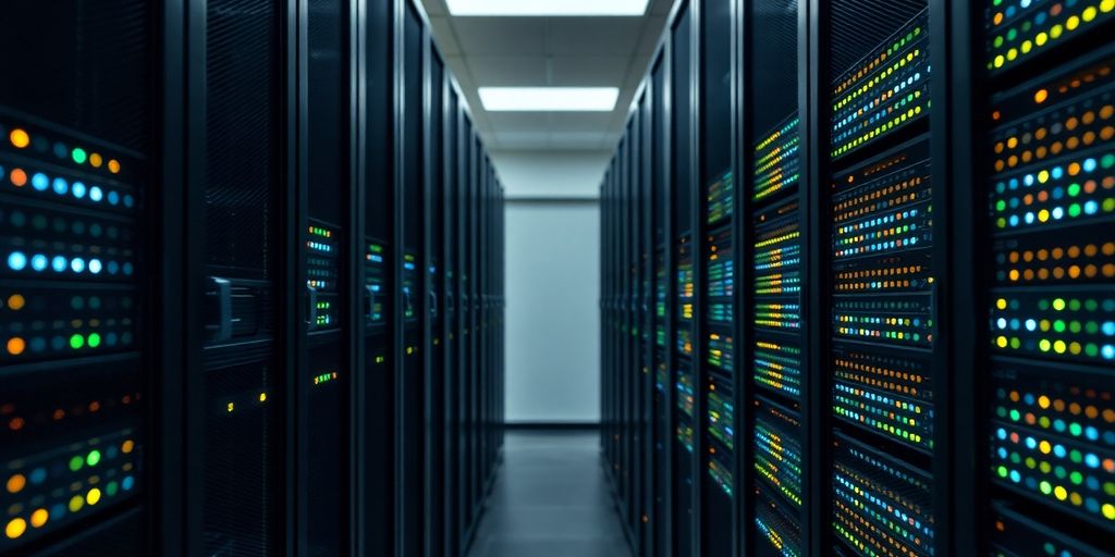 Computer server room with glowing lights.