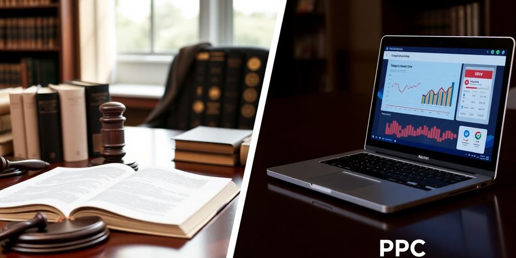 Law firm desk with legal books and a laptop.